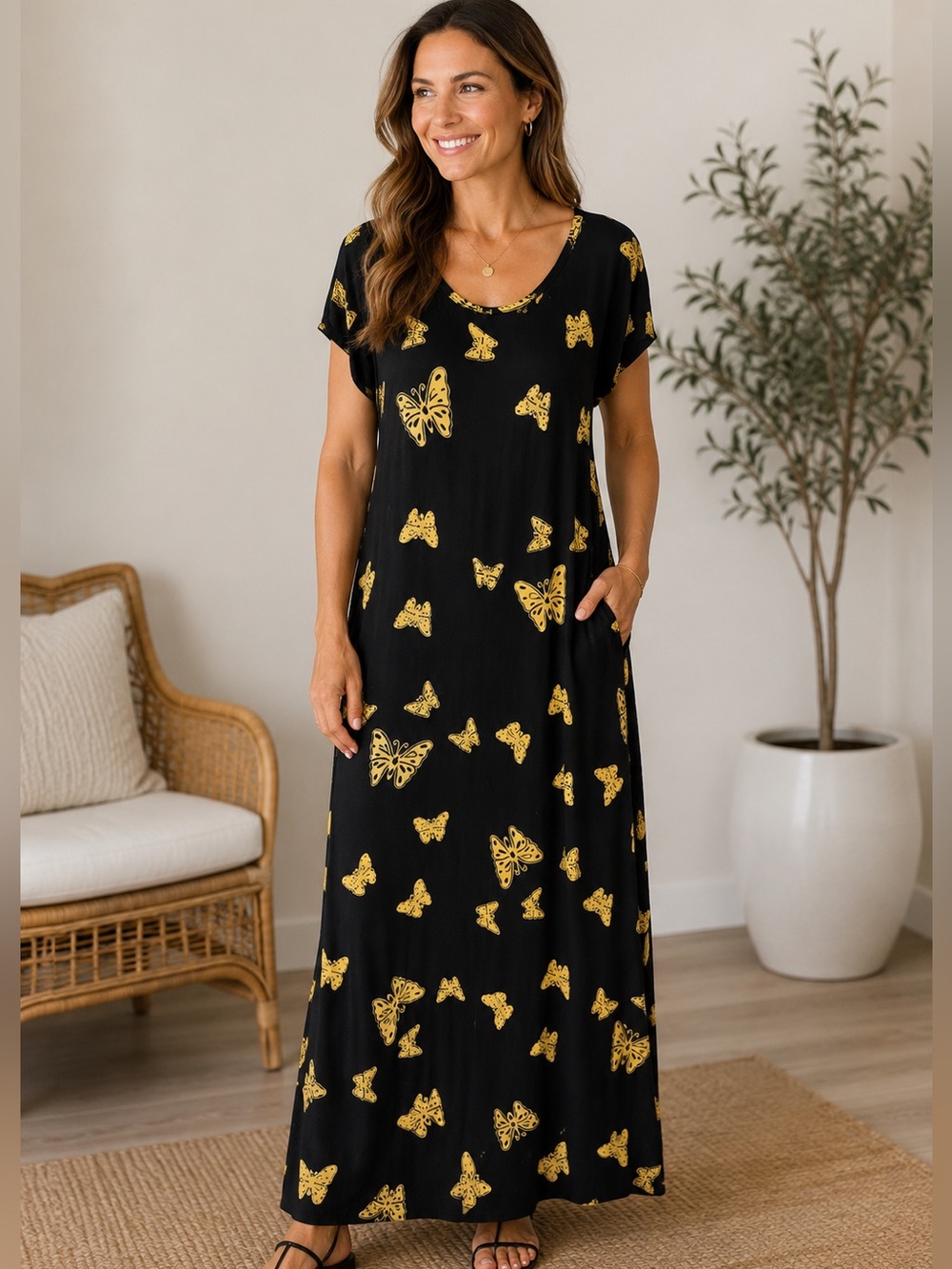 Pineapple Moon Black Maxi Dress with Yellow Butterfly Print Size 1X